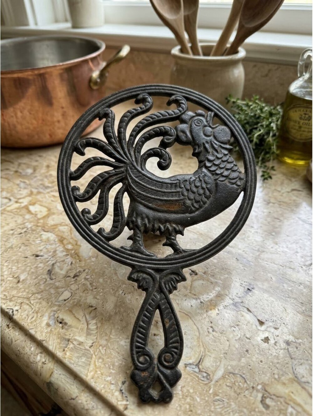 Vintage Griswold Style Cast Iron Trivet LH BirdRooster Hot Plate Country Kitchen